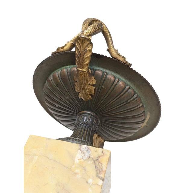 Pair of 19th-Century Bronze Tazzas Featuring Gilt Snake Handles and Siena Marble Stands For Sale - Image 12 of 16