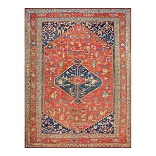 Stunning Red-Raspberry Background Color With Oncentric Hexagonal Medallion Pattern Antique Persian Serapi Rug For Sale