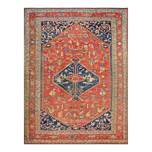 Stunning Red-Raspberry Background Color With Oncentric Hexagonal Medallion Pattern Antique Persian Serapi Rug