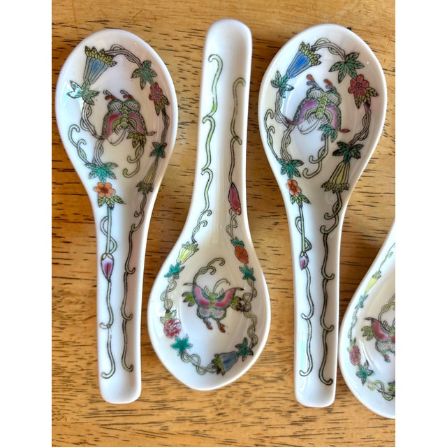 Charming set of vintage Asian soup spoons with a floral butterfly pattern. Likely made sometime in the mid 20th century,...