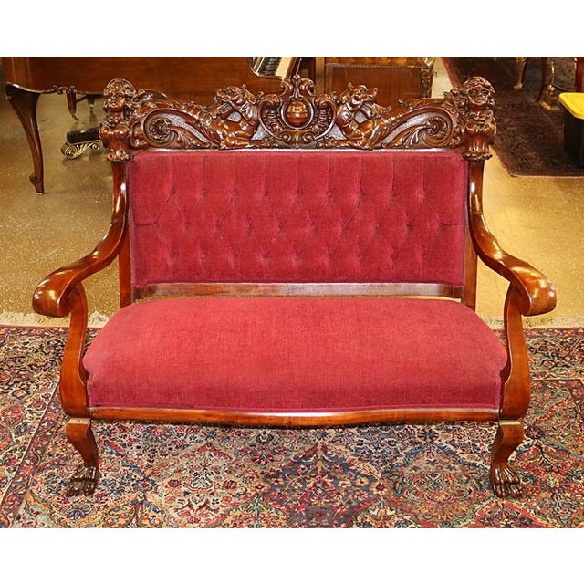 Fantastic Karpen Mahogany Figural Carved Settee Love Seat With Red Felt Fabric Dimensions : 55" wide X 27" Deep X 43.5"...