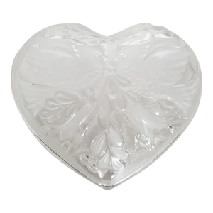 1980s Crystal Glass Cardinals Birds Candy Bowl Dish Heart Shaped