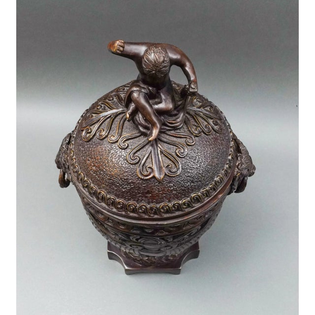 Metal Mid 20th Century Maitland Smith Vintage Bronze Cherub Lidded Large Urn Compote Lion Handles For Sale - Image 7 of 11