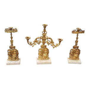 Late 19th Century Bronze and Marble Candle Holders and Candelabra - Set of 3