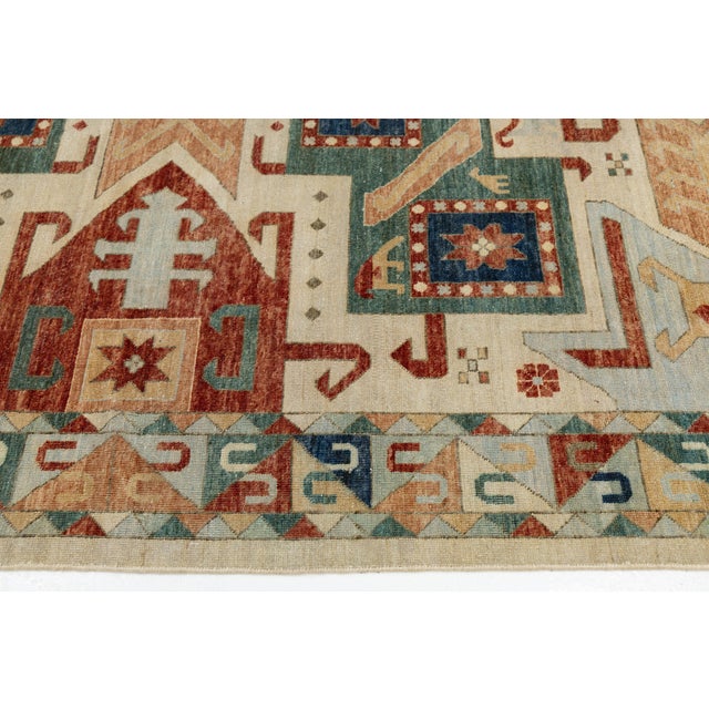 Ivory Modern Kazak Style Hand-Knotted Wool Rug – Geometric Tribal Design in Terracotta For Sale - Image 8 of 8