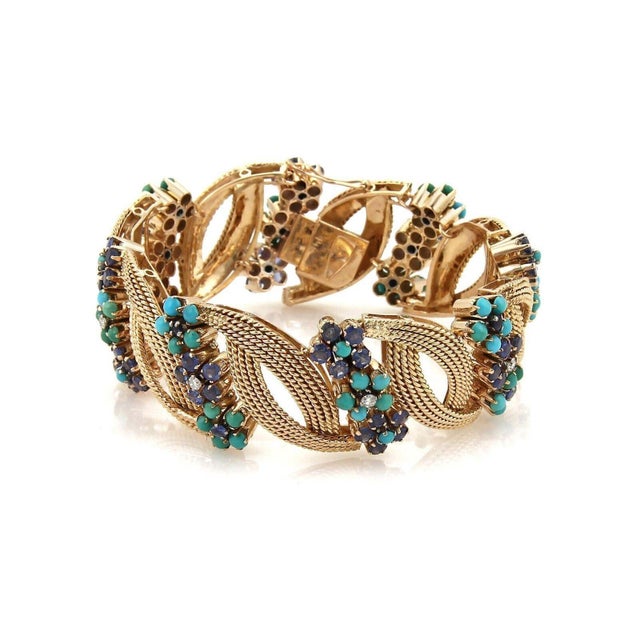 Diamond Sapphire & Turquoise 14k Rose Gold Bracelet For Sale - Image 4 of 5