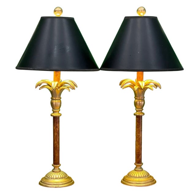 Metal Vintage Hollywood Regency Gilt Coastal Palm Tree Table Lamps – A Pair For Sale - Image 7 of 7