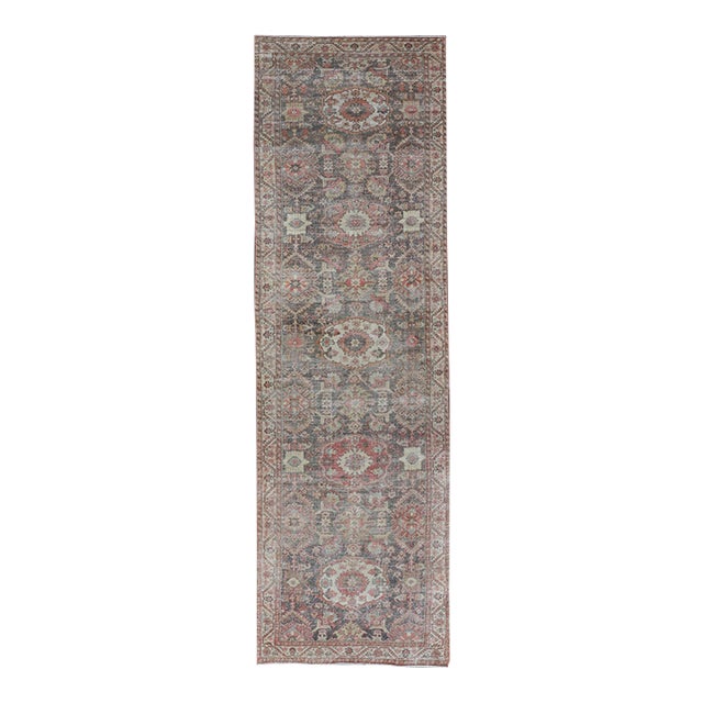 Antique Persian Sultanabad Gallery With Floral Design in Lt. Blue, Gray & Red For Sale