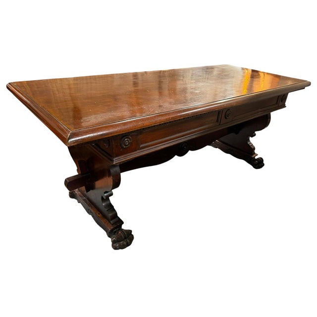 Italian Antique Italian Carved Walnut Trestle Library Dining or Writing Table - Paw Feet For Sale - Image 3 of 15