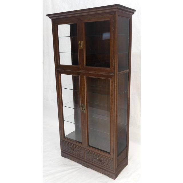 Wood 4 Doors Carved Teak 5 Shelves 2 Bottom Drawers 72" Tall Curio Cabinet Showcase For Sale - Image 7 of 14