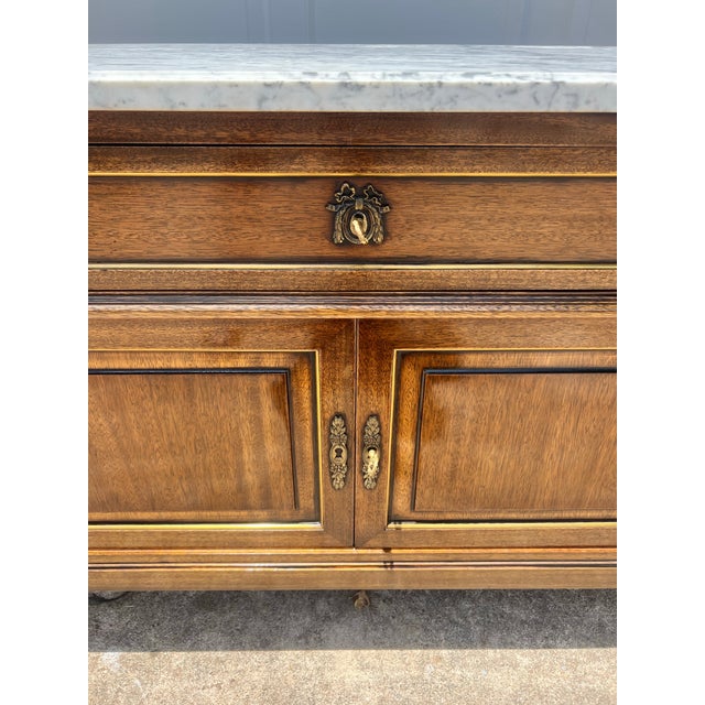 Brass French 19th Century Louis XVI Walnut Carrara Marble Top Two Door Buffet For Sale - Image 8 of 12