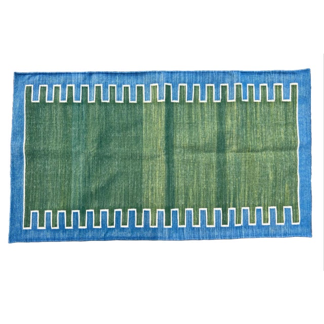 Handmade Cotton Forest Green & Blue Zig Zag Striped Runner Rug, Dhurrie Runner -2.5'x12' For Sale - Image 9 of 10