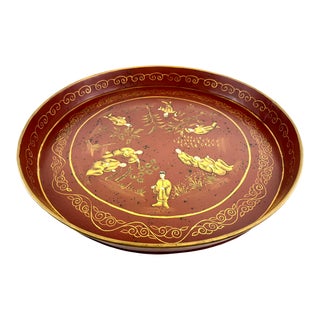 Vintage Hand-Painted Chinoiserie Tray With Gilt Asian Motifs, Circa Mid-20th Century For Sale