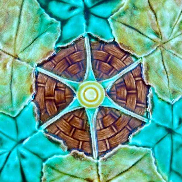 Brown Adams & Bromley English Majolica Overlapping Leaf on Basketweave Tray For Sale - Image 8 of 10