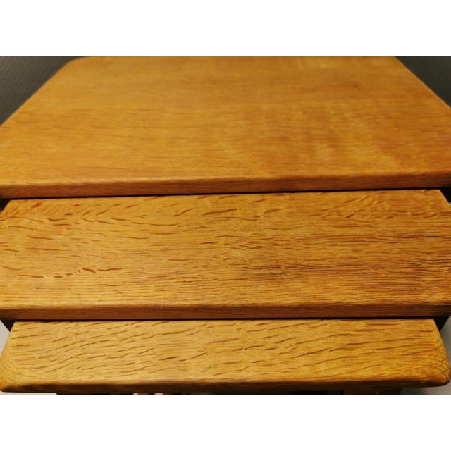 Nesting Tables in Oak with Carvings attributed to Henry Kjærnulf for Nyrup Furniture Factory, Denmark, 1960s, Set of 3 For Sale - Image 12 of 14