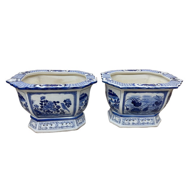 This is a fantastic pair of contemporary Chinoiserie large blue and white jardinieres. These planters are designed with...