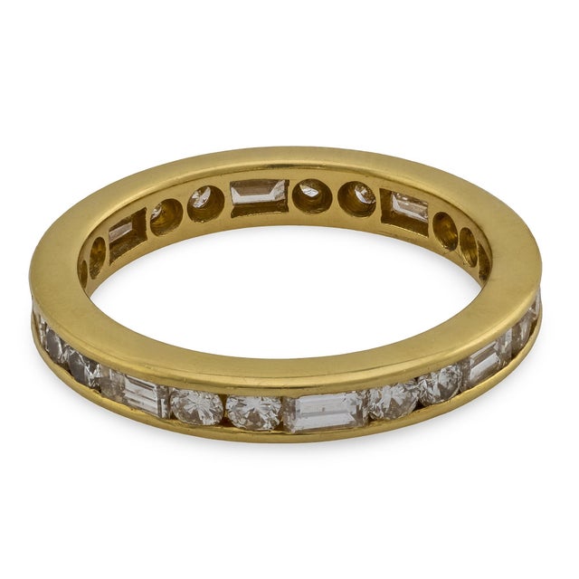 Modern 1.50 Carat Round and Baguette Diamond 18k Yellow Gold Eternity Band, Size 5.25 For Sale - Image 3 of 7