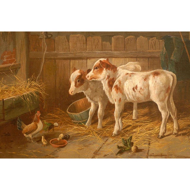 Brown English 19th Century Oil on Canvas Farm Painting Depicting Calves and Chickens For Sale - Image 8 of 9