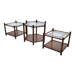 3 Piece Set Faux Bamboo Hexagon Fretwork Glass Top Coffee Table + 2 Matching Square End Side Tables