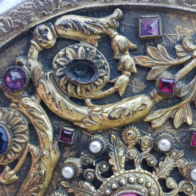 Metal 1950s Grand Scale Jeweled Brass Hand Mirror - Hollywood Regency Filigree For Sale - Image 7 of 11