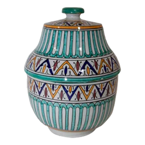 Moroccan Ceramic Covered Jar Handcrafted in Fez Morocco 1950s