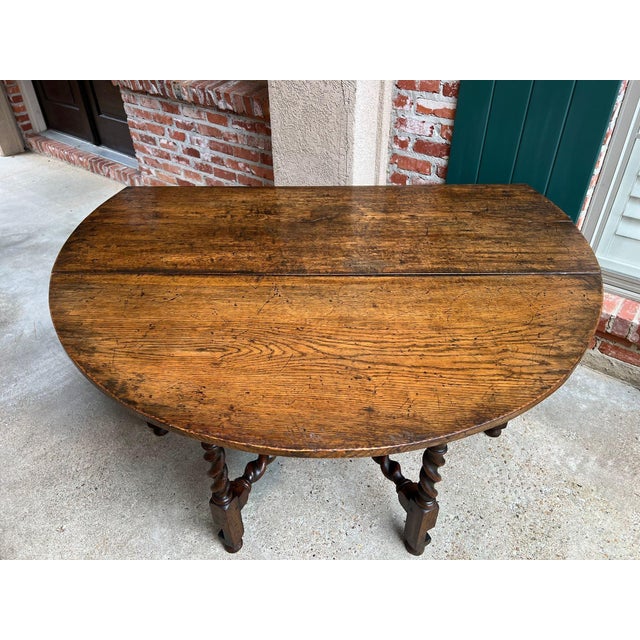 Antique English Wake Dining Table Drop Leaf Barley Twist Jacobean Oak Console For Sale - Image 11 of 18