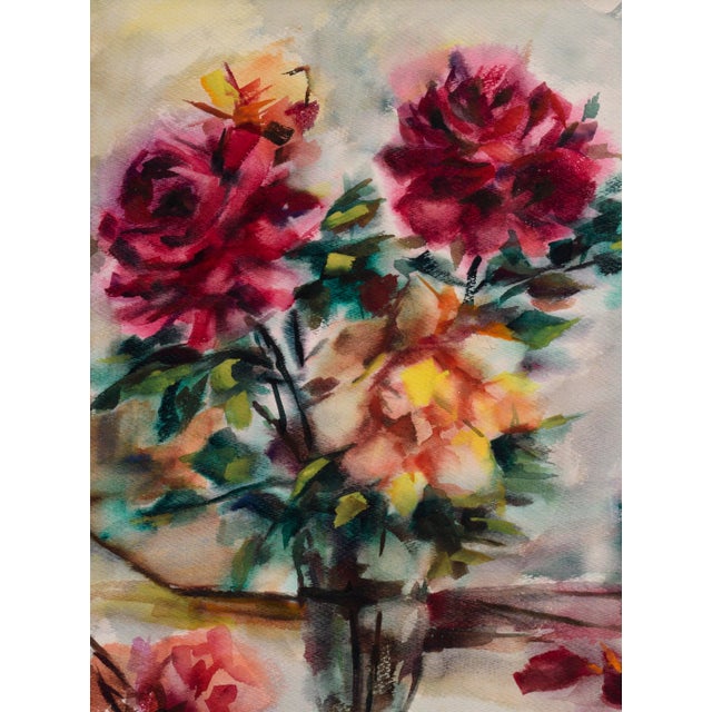 American Mid Century Pink Roses Floral Bouquet Still Life Watercolor by Celia B Michelena For Sale - Image 3 of 7