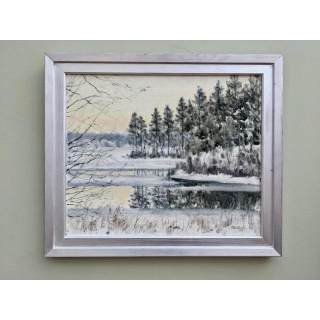 1998 "Crisp" Swedish Snow Forest Landscape Oil Painting, Framed For Sale - Image 9 of 9