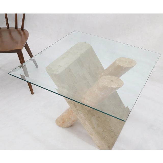 Tessellated Stone Rounded X-Shape Base Side Occasional Square Glass Top Table For Sale - Image 6 of 13