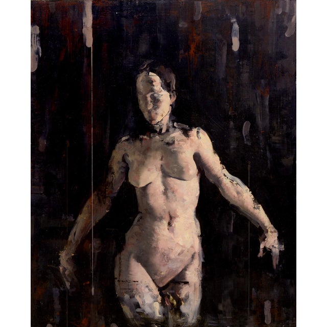 This oil painting presents a figure in a dynamic pose, emerging from a dark, textured background. The interplay of light...