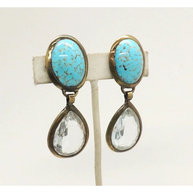 Vintage Signed Pellini Italy Faux-Turquoise Clear Rhinestone Drop Clip Earrings For Sale - Image 4 of 7