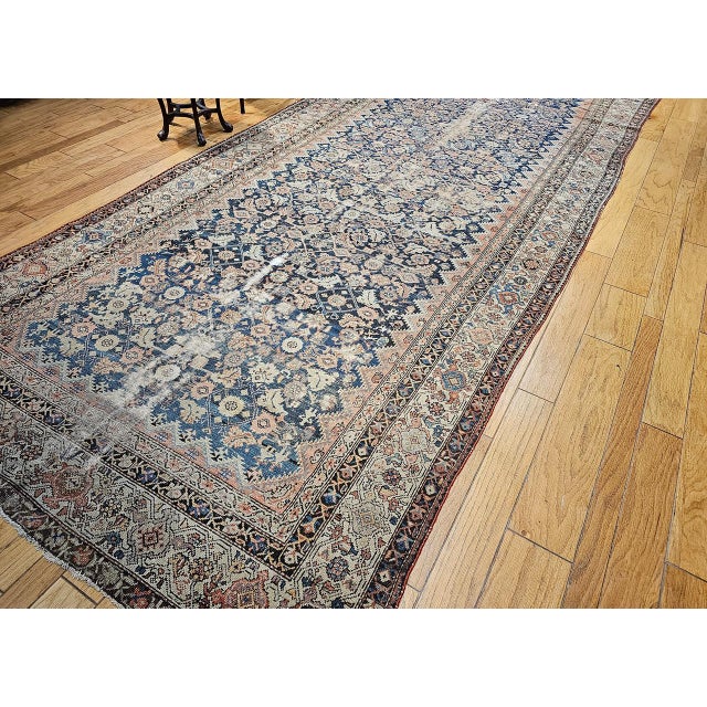 Royal Blue Antique Persian Malayer Gallery Rug, Hand-Knotted Wool, Geometric Pattern, 7x15, Blue & Ivory For Sale - Image 8 of 18