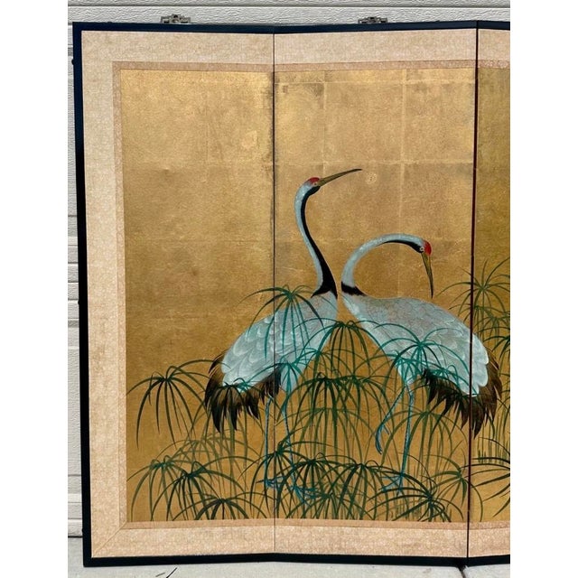 Wood Early 20th Century Japanese Four-Fold Byobu Screen With Cranes and Young Bamboo For Sale - Image 7 of 18