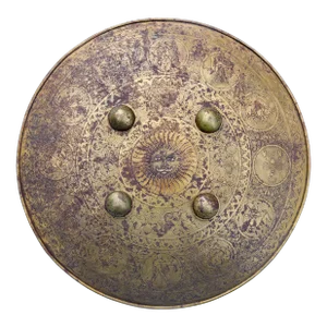 Persian Engraved Iron and Brass Shield Astrological Symbols With Starburst