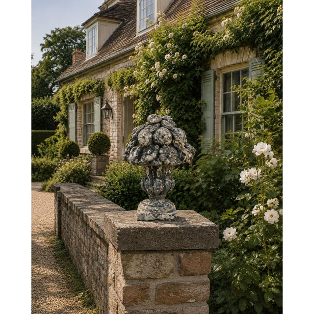 An evocative early 20th-century garden ornament modeled as a classical urn overflowing with an abundant arrangement of...