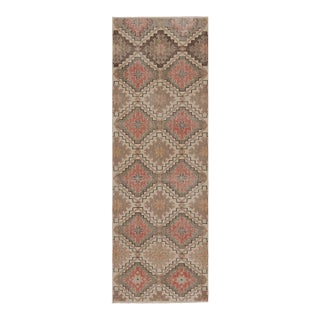 Vintage Distressed Runner Rug, Beige-Green Geometric Pattern - Rug & Kilim For Sale