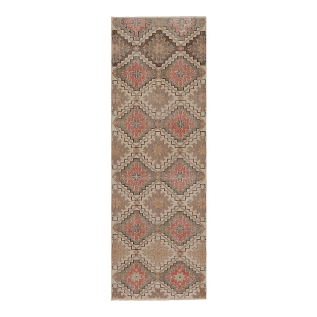 Vintage Distressed Runner Rug, Beige-Green Geometric Pattern - Rug & Kilim For Sale