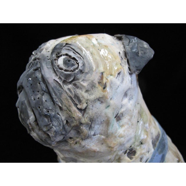 Ceramic Pug Dog With Blue Harness Studio Pottery Sculpture Statue Signed Kaj For Sale - Image 7 of 15