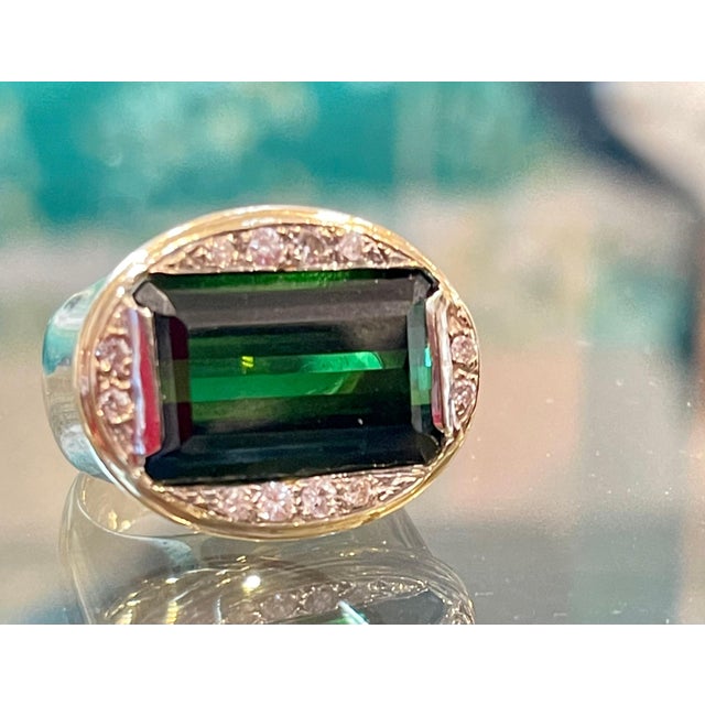GIA Certified 11.72 Ct Green Tourmaline & Diamond Cocktail Ring 14K Yellow Gold For Sale - Image 9 of 18