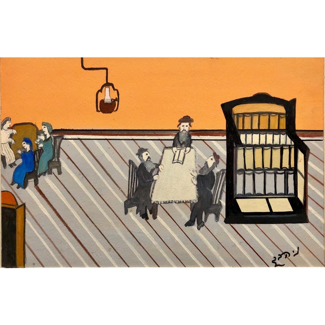 Natan Heber, Israeli Judaica Shtetl "The Lesson" Rabbi Studying Scene Naive Art Oil Painting For Sale