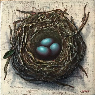 Bird's Nest, 3 Eggs by Thane Gorek | Mixed Media on Board Nest with three blue eggs For Sale