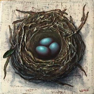 Bird's Nest, 3 Eggs by Thane Gorek | Mixed Media on Board Nest with three blue eggs