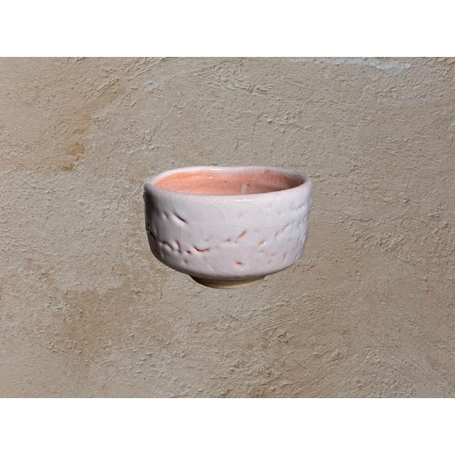 Contemporary Vintage Japanese Studio Pottery Chawan Tea Bowl in Ivory & Blush Crackle Glaze For Sale - Image 3 of 7