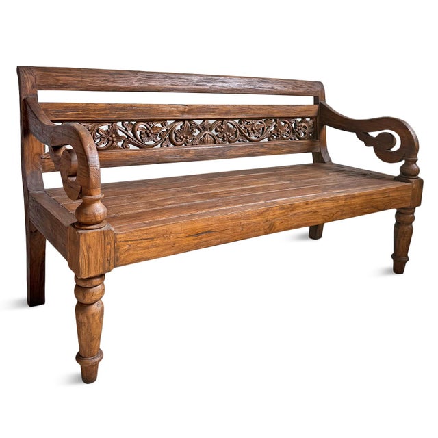 Vintage Balinese Carved Teak Boho Bench For Sale - Image 4 of 6