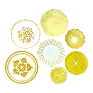 Eclectic Lemon Yellow Vintage Wall Plate Curation - Group of 7 For Sale