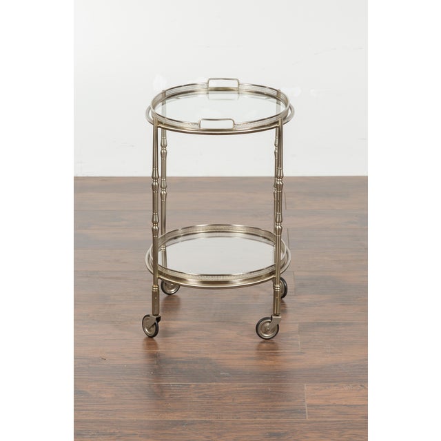 Italian Oval Midcentury Steel Trolley with Pierced Gallery and Mirrored Shelves For Sale - Image 4 of 12