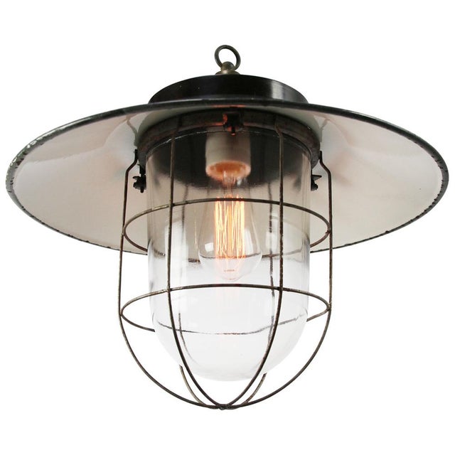 Industrial Vintage Industrial Bakelite, Grey Enamel, Brass and Clear Glass Pendant Light For Sale - Image 3 of 7