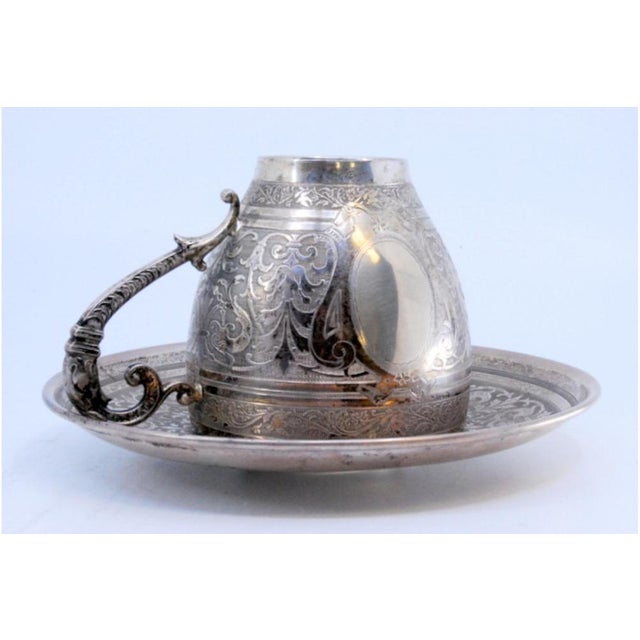 Cup and Saucer in Nickel Silver with Engraved Floral Motifs and Monogram Card, Set of 2 For Sale - Image 5 of 10