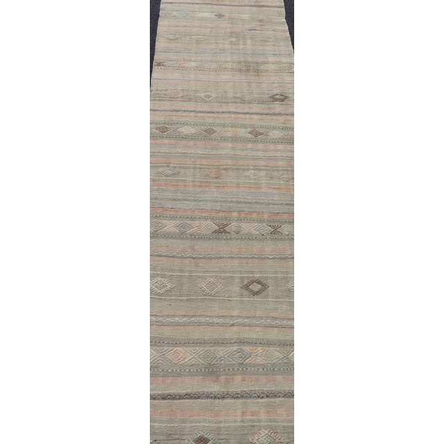 Textile Mid 20th Century Geometric Embroidered Vintage Turkish Flat-Weave Runner in Warm Tones For Sale - Image 7 of 12