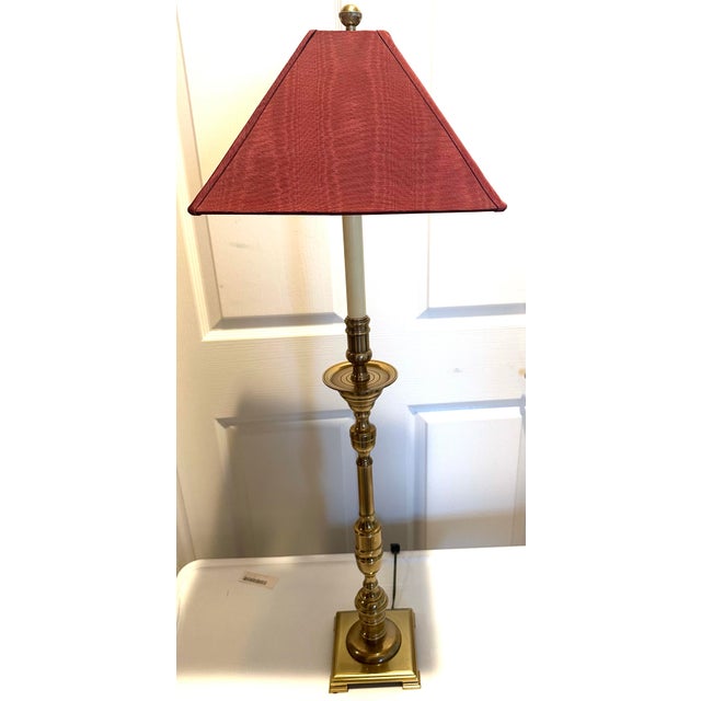 Vintage Frederick Cooper tall brass candlestick lamp with maroon moire shade. Wonderful condition. Measures 38” h x 12” x...